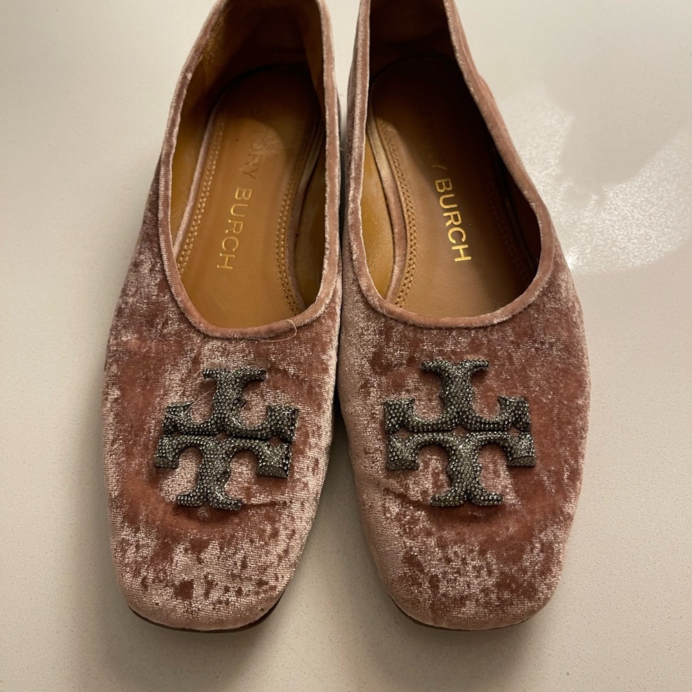 Tory Burch Pink Velvet Ballet Flats with Logo